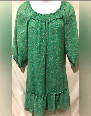 JUDITH MARCH Dress Cottagecore Peasant Boho Tiered Floral Smocked Shift Green - Image 1 of 4