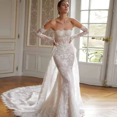 Elegant Mermaid Wedding Dresses Off Shoulder Detachable Train Tule Bridal Gowns - Image 1 of 4