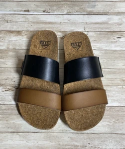 Reef Sandals Womens 6 Brown Black Faux Leather Straps Slip On Cork Sole - Picture 1 of 10