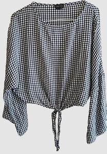 TOPSHOP Womens Top Sz 2 Oversized Gingham Blouse Tie Front Classic Country Farm - Picture 1 of 4