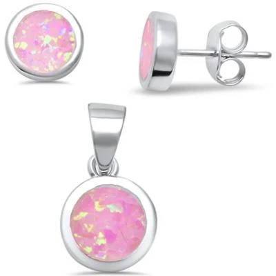 Juego de pendientes y colgantes redondos de ópalo de fuego rosa .925 de plata de ley Foto 1 de 2