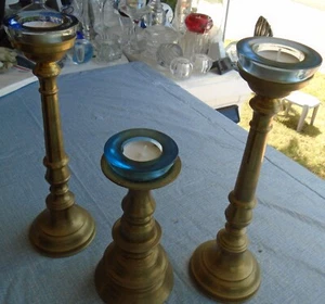 Kerzenständer Messing 11 1/2" & 7 1/2" hoch blau Glashalter 3er Set - Bild 1 von 9