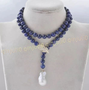 Natural Blue Lapis Lazuli Gems White Baroque Keshi Pearl Pendant Lariat Necklace - Picture 1 of 8