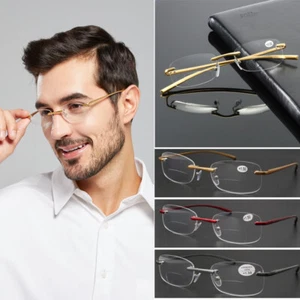 Mens Rimless Bifocal Reading Glasses Metal Readers Rectangle 1.0 1.5 2.0 2.5 3.0 - Picture 1 of 15