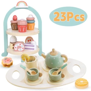 Tea Party Set for Little Girls, Wooden Tea Set with Cake Stand, Food Pretend Pla - Picture 1 of 12