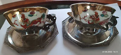2 Teetassen, Porzellan Mit Silbermontur Und Silberlöffel • 340€