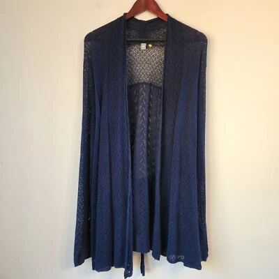 Cárdigan abierto tejido y anudado para mujer con cinturón XL, azul marino, mezcla de lino Foto 1 de 4