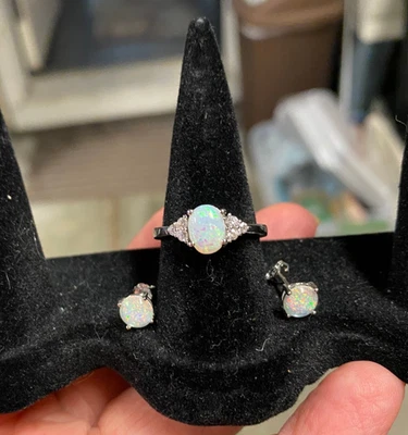 Exquisite White Fire Opal CZ Ring Size 6.5 & Earrings Set - Image 1 of 4