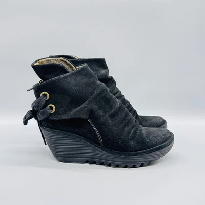Fly London Botas Mujer 6.5 Negro Gamuza Cuña Botines Encaje Tacones Traseros Foto 1 de 4