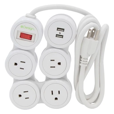 Design 4 Outlet 2 USB Flexible Pivoting Power Strip with 6ft Cord in White - Image 1 of 4