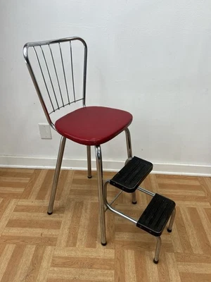 Vintage STEP STOOL metal folding kitchen steel chair mid century modern chrome - Image 1 of 4
