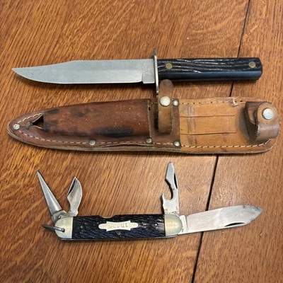 HAMMER BRAND IMPERIAL Conjunto Combo Escoteiro 2 Facas Bainha Vintage Bom - Imagem 1 de 4