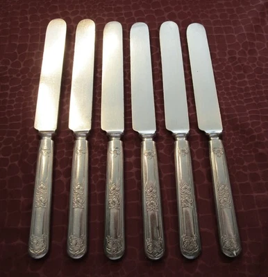 ORANGE BLOSSOM 6 Flat Handle Dinner Knives Silverplate 1910 No Monograms      bb - Image 1 of 4