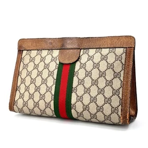 Vintage Gucci Clutch Bag Sherry Line GG Supreme PVC Leather Brown Authentic - Picture 1 of 24
