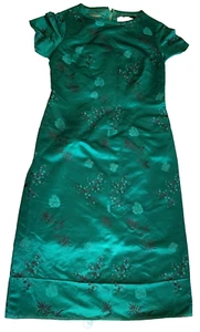 Silk Brocade Floral Asian Emerald Green Geisha Dress Vintage Hand Made Unhemmed - Picture 1 of 10