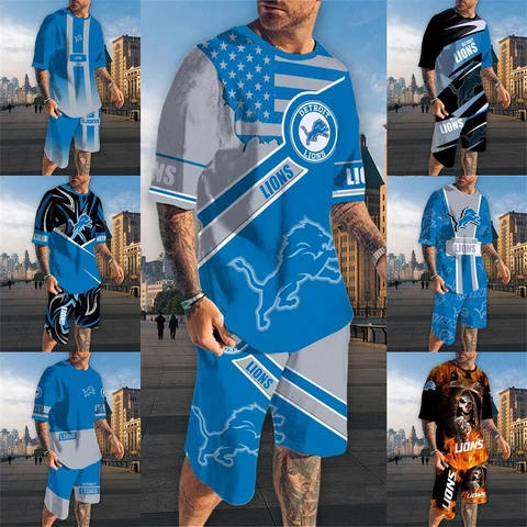 Detroit Lions Mens 2pcs Outfits Short Sleeve Casual Top Pockets Board Shorts Cover