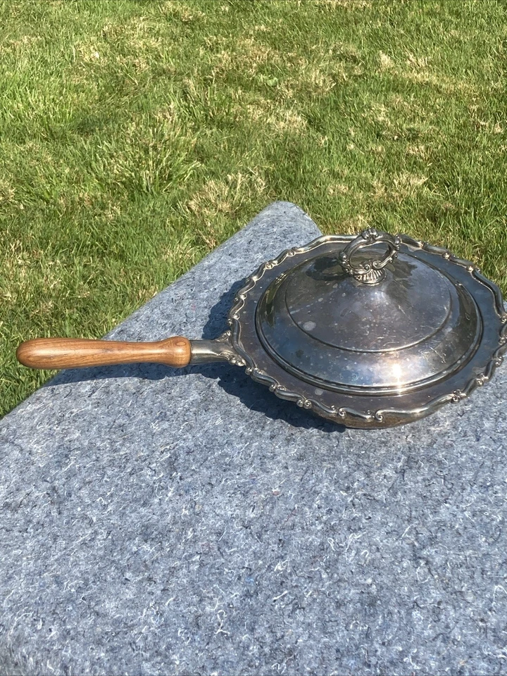 Rogers Silver Plate Warming Chafing Dish Wood Handle Large 13" Diameter Scrolls - Image 1 of 4