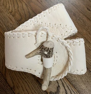Vintage MAHOPA Leather Belt Ivory Color with Antler Closure Handmade OOAK Size L - Picture 1 of 11