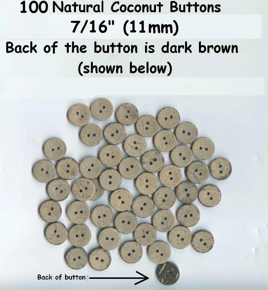 100 New Natural Vegan Coconut Buttons 7/16" (11mm) 2 hole Bahama shirts - Image 1 of 1