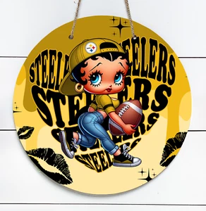 Betty Boop Pittsburgh Steelers Inspired 10" Metal Indoor/Outdoor Round Sign - Picture 1 of 1