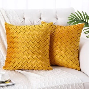 MingBo Velvet Textured  Lattice Weave BOHO Throw Pillow Covers Gold Yellow 18x18 - Picture 1 of 5