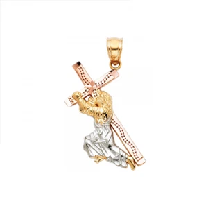 14K Solid Yellow Gold Jesus Carrying Cross Pendant -Christ Crucifix Polish Charm - Picture 1 of 1