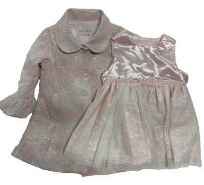BISCOTTI NIÑAS ENCAJE/SATÉN BRILLO CONJUNTO 2 PIEZAS VESTIDO/ABRIGO (ROSA 18M) NUEVO CON ETIQUETAS Foto 1 de 4