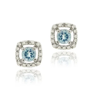 925 Silver 1.16ct Blue Topaz & Diamond Accent Square Stud Earrings - Picture 1 of 3