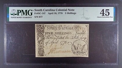 Billete colonial de 5 chelines de Carolina del Sur 1778, SC-147, PMG ChEF 45. Foto 1 de 4