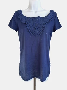 French Laundry Size S Navy Blue Embellished Short Sleeve Knit Top - Picture 1 of 6