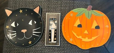 Pottery Barn PLATO UTENSILIO Halloween Fiesta Vacaciones Gato Negro Calabaza Niño CONJUNTO, Foto 1 de 4