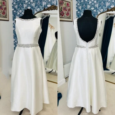 Tea Length Wedding Dresses Satin Sleeveless with Belt A Line Ivory Bridal Gowns - Image 1 of 4