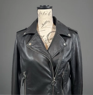 Черный Moto куртка женщин средний искусственной кожи ассиметричный рокабилли пряжка - Изображение 1 из 4