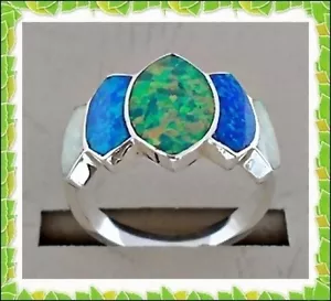 BEZAUBERNDES HANDGEFERTIGTES WEISS/GRÜN/BLAUES OPAL-INLAY 0,925 SILBERRING GRÖSSE-8 - Bild 1 von 1
