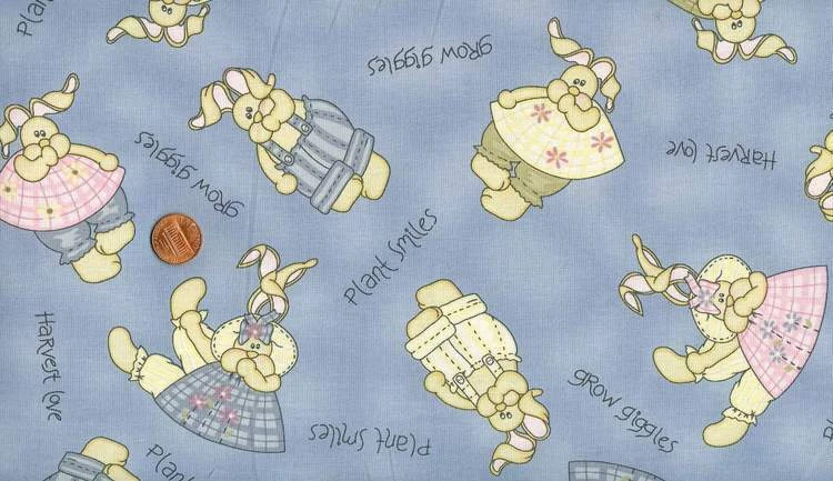 NORTHCOTT 'HATFIELDS' SWEET STUFFED BUNNIES BLUE QUILT FABRIC