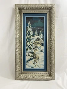 Needlepoint Deer And Cottage Blue Matte Finish In Frame - Picture 1 of 10