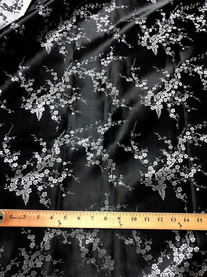 Ткань вишневый цветок кизил искусственный шелк парча материал 36 дюймов ширина BTY черное серебро  - Изображение 1 из 4