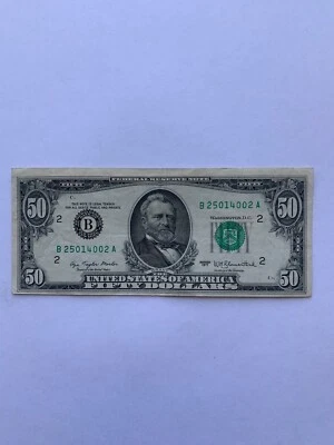 1977 $50 fifty dollar bill Used U.S. Currency Serial Number # B25014002A - Image 1 of 4