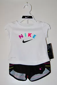 NWT Nike Toddler Girls Black Striped SS 2pc Dri-Fit Short Set sz 4T - Picture 1 of 15