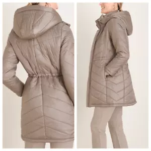 Chicos Hooded Puffer Coat Size 4 Packable Polyester Filled Elongated Pockets Lat - Picture 1 of 16