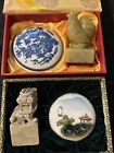 Asian Stamp And Ink Pot Lot Vintage Soap Stone Jade Foo Dog And Rooster