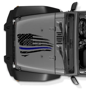 Thin Blue Line Tattered Distressed USA American Flag Decal for Jeep Wrangler  - Picture 1 of 2