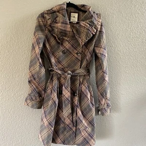Anthropologie Elevenses Trench Coat Womens 6  Brown Tartan Plaid Ruffle Belted - Picture 1 of 15