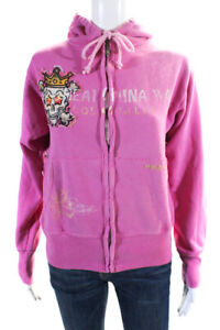 The Great China Wall Womens Front Zip Skull Hoodie Sweater Pink Cotton Size XS