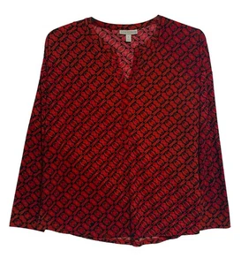 Dana Buchman dunkelrot und schwarz Print gekerbt V-Ausschnitt Pullover Top, Gr. L - Bild 1 von 4