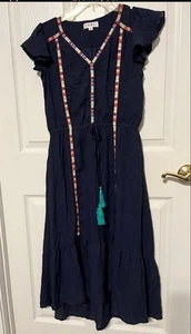 THML Dress Women’s Small Blue Short sleeve Embroidered Tasseled Pullover EUC  - Picture 1 of 10