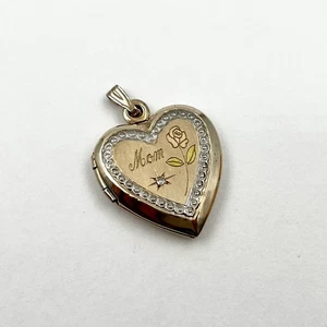 14k Two-Tone Gold Engraved Mom Rose Diamond Heart Locket Pendant (LO1013557) - Picture 1 of 10