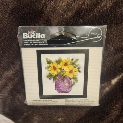 BUCILLA FLOWERS IN PURPLE VASE MINI COUNTED CROSS STITCH KIT NIP - Image 1 of 4