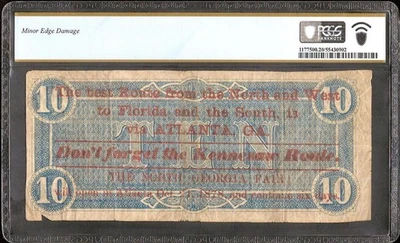 BILLETE MONEDA CONFEDERADA 1864 $10 CON RUTA DE TREN ANUNCIO GEORGIA FAIR T-68 PCGS 20 Foto 1 de 2