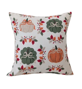 Autumn Halloween Pumpkin Bows Cushion Cover 16" Orange Green Red - Picture 1 of 3